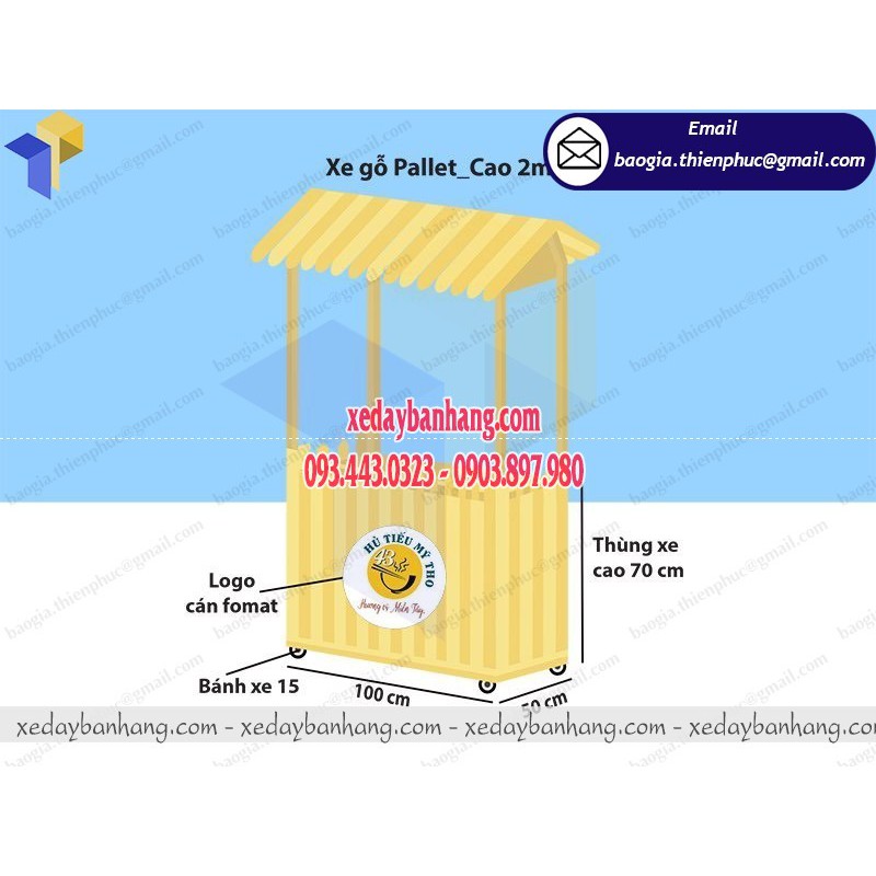 Xe đẩy bán hủ tiếu được làm bằn chất liệu gỗ Pallet cao cấp - xedaybanhang.com