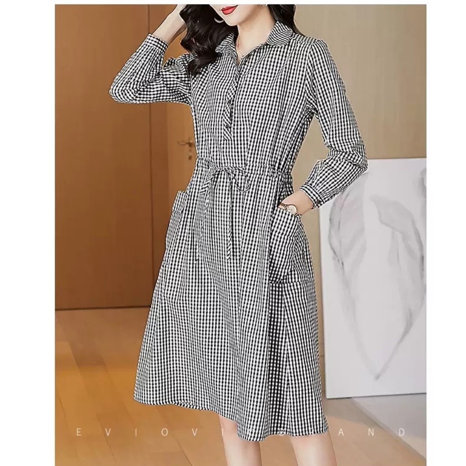 Váy sơ mi nữ dài tay, Đầm sơ mi dáng dài có túi hông kèm dây rút eo, chất thô đũi