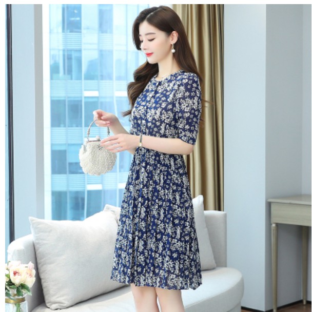 Đầm Midi Chiffon Chữ A Tay Lỡ Xếp Ly In Họa Tiết Hoa Thanh Lịch Thời Trang Xuân Hè Phong Cách Hàn Quốc Cho Nữ