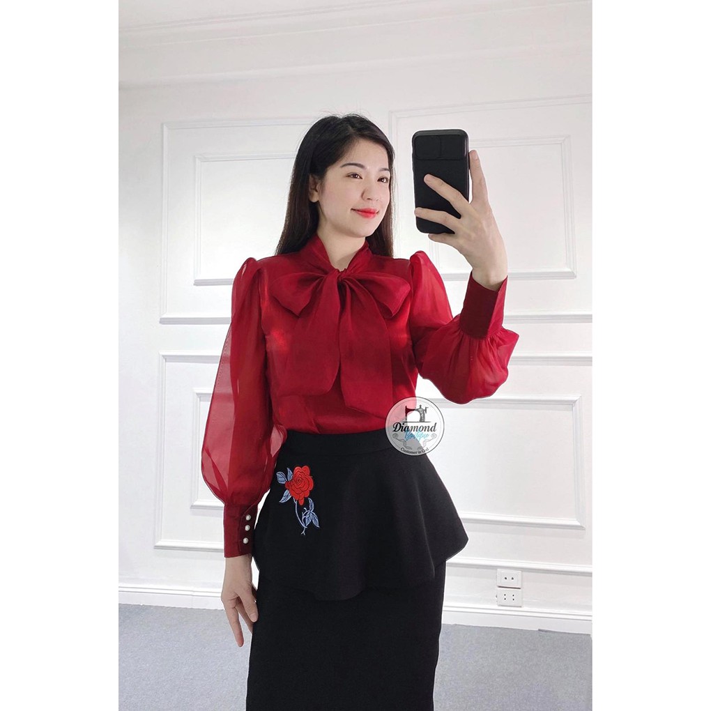 Áo Sơ Mi Nữ Tay Dài Cổ Nơ Chất Tơ Organza Thoáng Mát