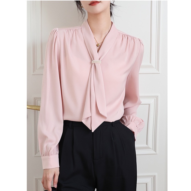 Áo Sơ Mi Cổ Bèo Màu Hồng Thanh Lịch Thời Trang Mùa Thu Phong Cách Sang Trọng Niche Chic OL