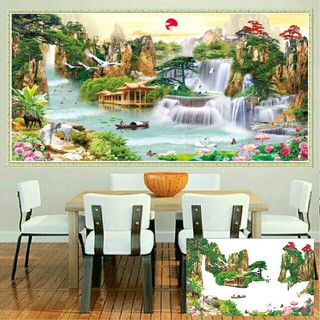Tranh đính đá phong cảnh lưu thủy sinh tài khổ lớn 200*95cm