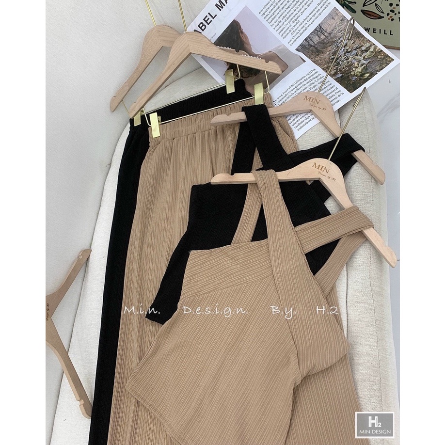 [10.10 Sale Freeship] Set bộ áo yếm cổ chéo kèm quần dài ống suông chất thun gân siêu hack dáng body trẻ trung quyến rũ