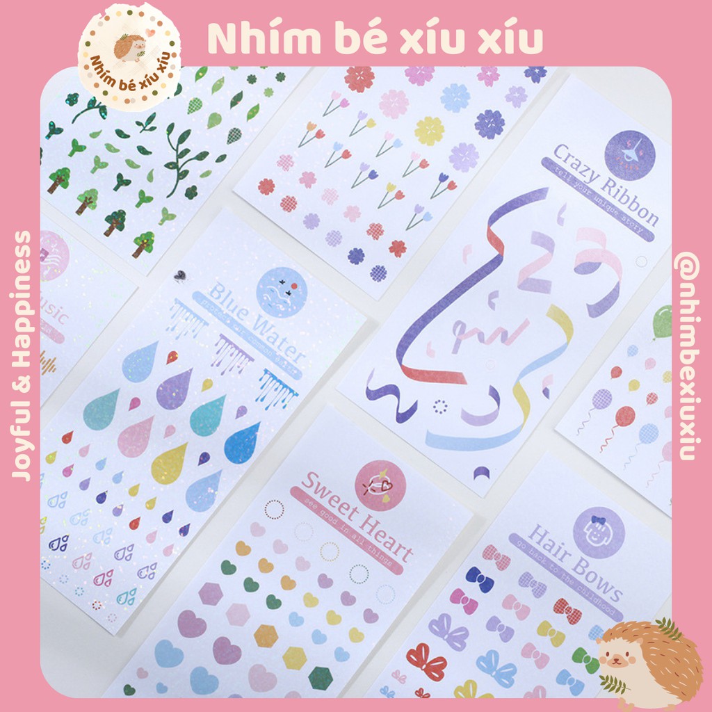 Sticker lấp lánh bling bling nhiều họa tiết ruy băng, trái tim, nốt nhạc, hoa lá VT74