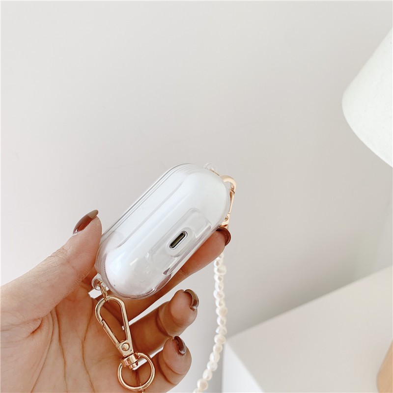 Vỏ Bảo Vệ Hộp Sạc Tai Nghe Airpods 1 / 2 / Pro Đính Ngọc Trai Tự Nhiên Kèm Dây Đeo Sợi Xích