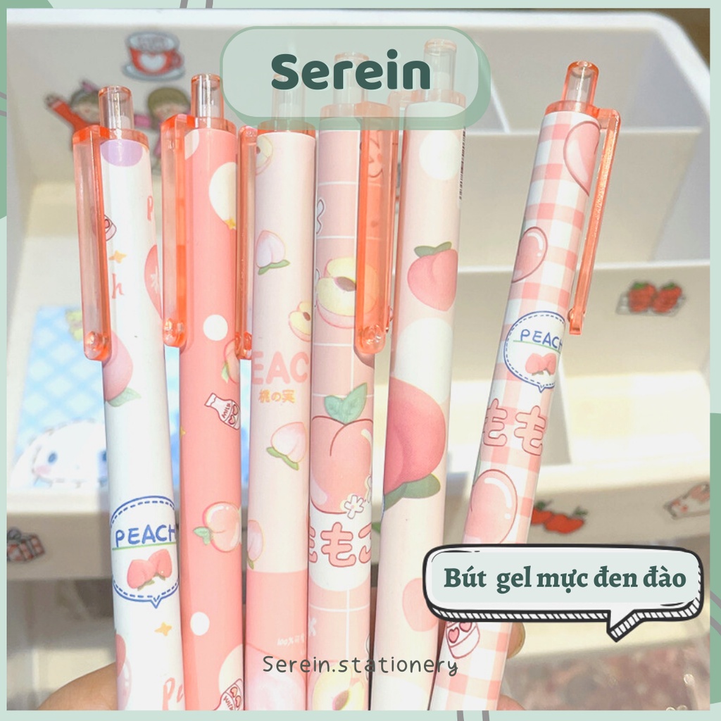 Bút bi bấm bút gel đen 0.5mm họa tiết quả đào dễ thương SEREIN văn phòng phẩm hàn quốc