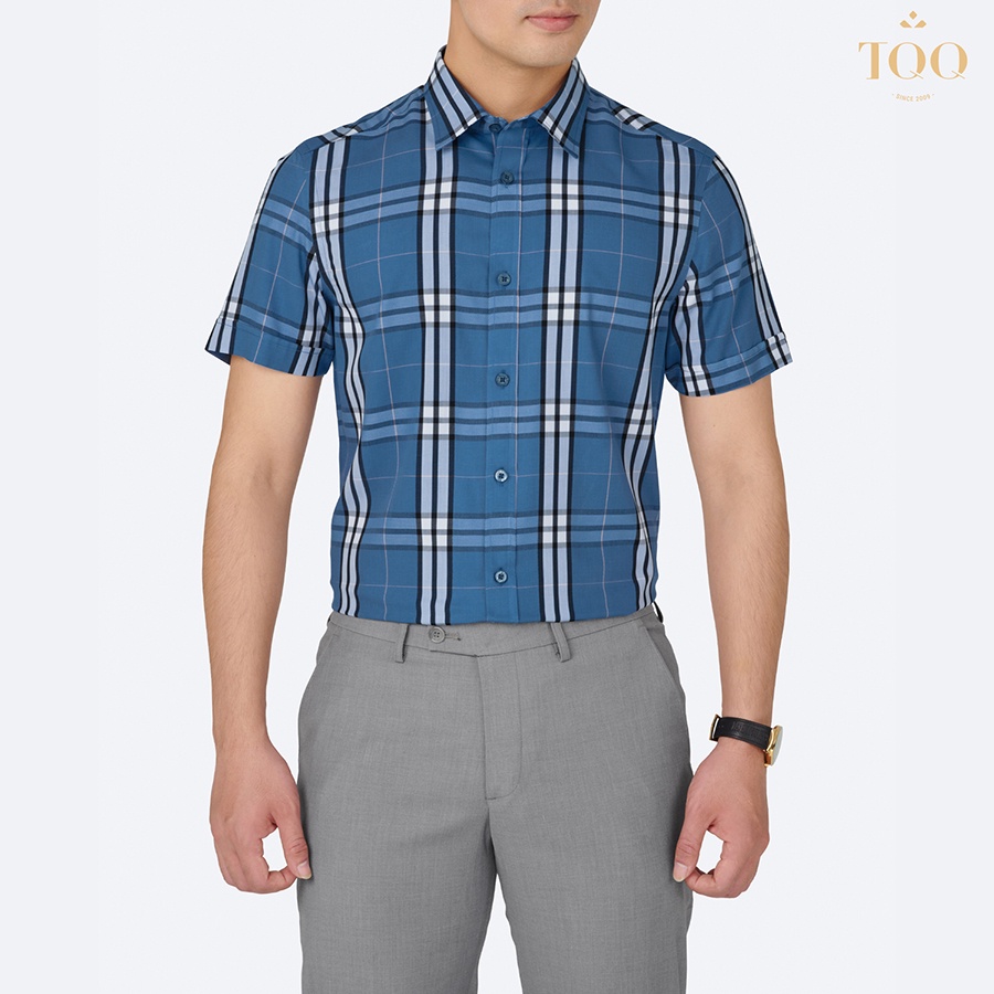 Áo sơ mi nam ngắn tay TQQ K491CSC màu xanh họa tiết kẻ thiết kế Slimfit tôn dáng