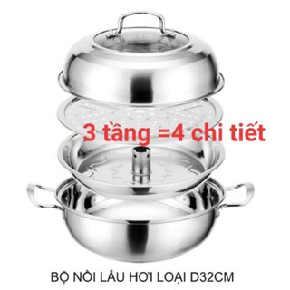 Bộ nồi lẩu hơi bằng inox 3 đáy từ loại 2 tầng, 3 tầng dùng được tất cả các loại bếp.