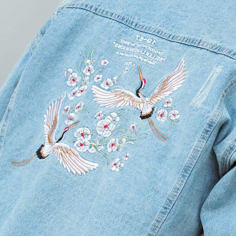 Áo khoác Denim dáng rộng thêu hoa và chim hạc kiểu Hàn Quốc cá tính cho học sinh