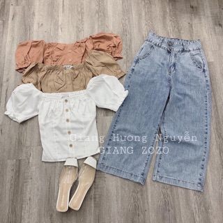 Áo sơ mi croptop trễ vai