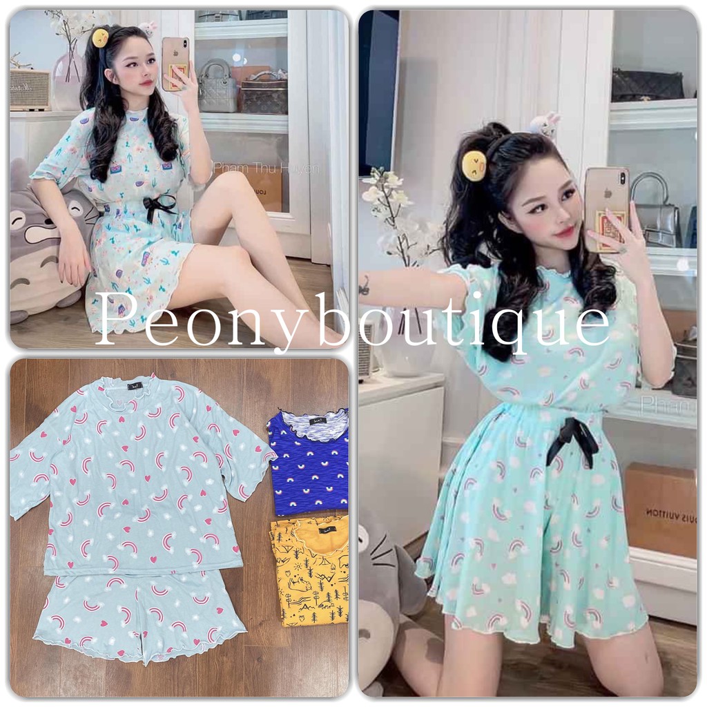 Bộ Ngủ Cloud Nữ 🌸 Set quần áo thun cổ bèo short nơ mặc ở nhà mùa hè SIÊU HOT 🌸