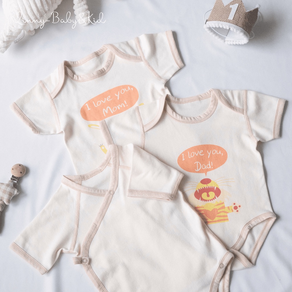 Quần áo sơ sinh 100% COTTON HỮU CƠ TỰ NHIÊN bộ body chip I Love Mom Dad mùa hè cho bé 0-2 tuổi