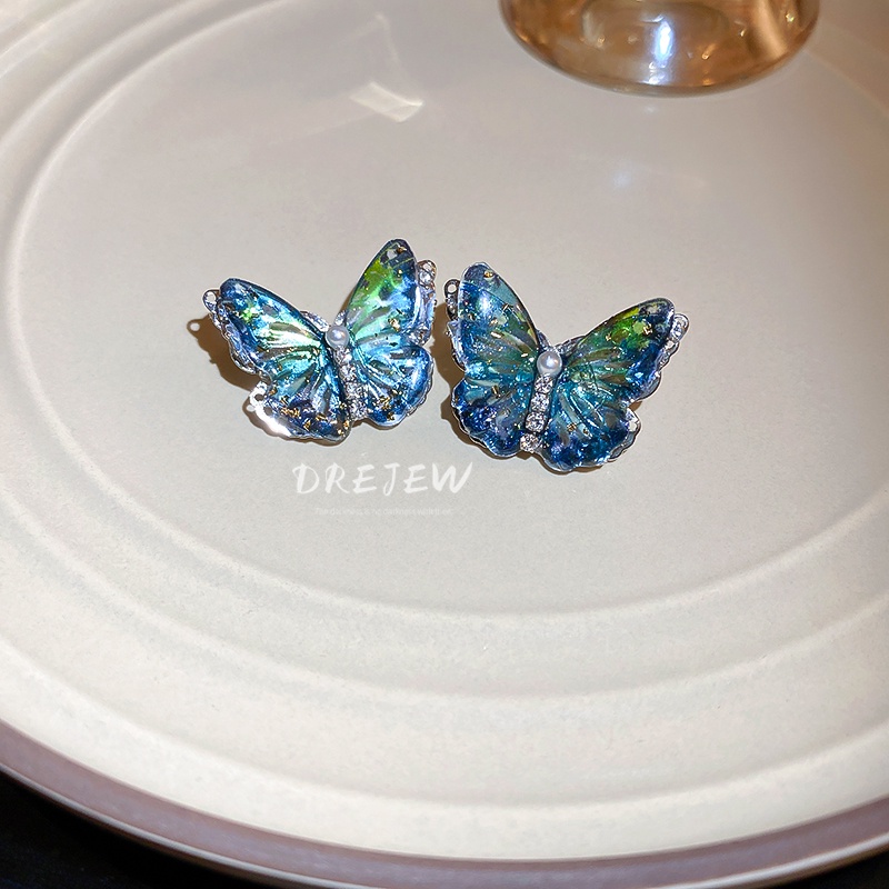 DREJEW Khuyên tai mạ bạc hình bướm đính đá zircon ngọc trai phong cách Hàn Quốc