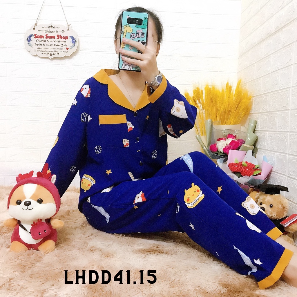 Đồ bộ pijama lụa hàn dưới 50kg, quần áo ngủ nữ mặc nhà áo tay dài quần dài - Sam Sam Shop