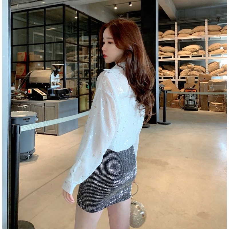 Áo Sơ Mi Chiffon Tay Dài Màu Đen Đính Kim Sa Lấp Lánh Thời Trang Mùa Hè 2022 Phong Cách Hàn Quốc 2022
