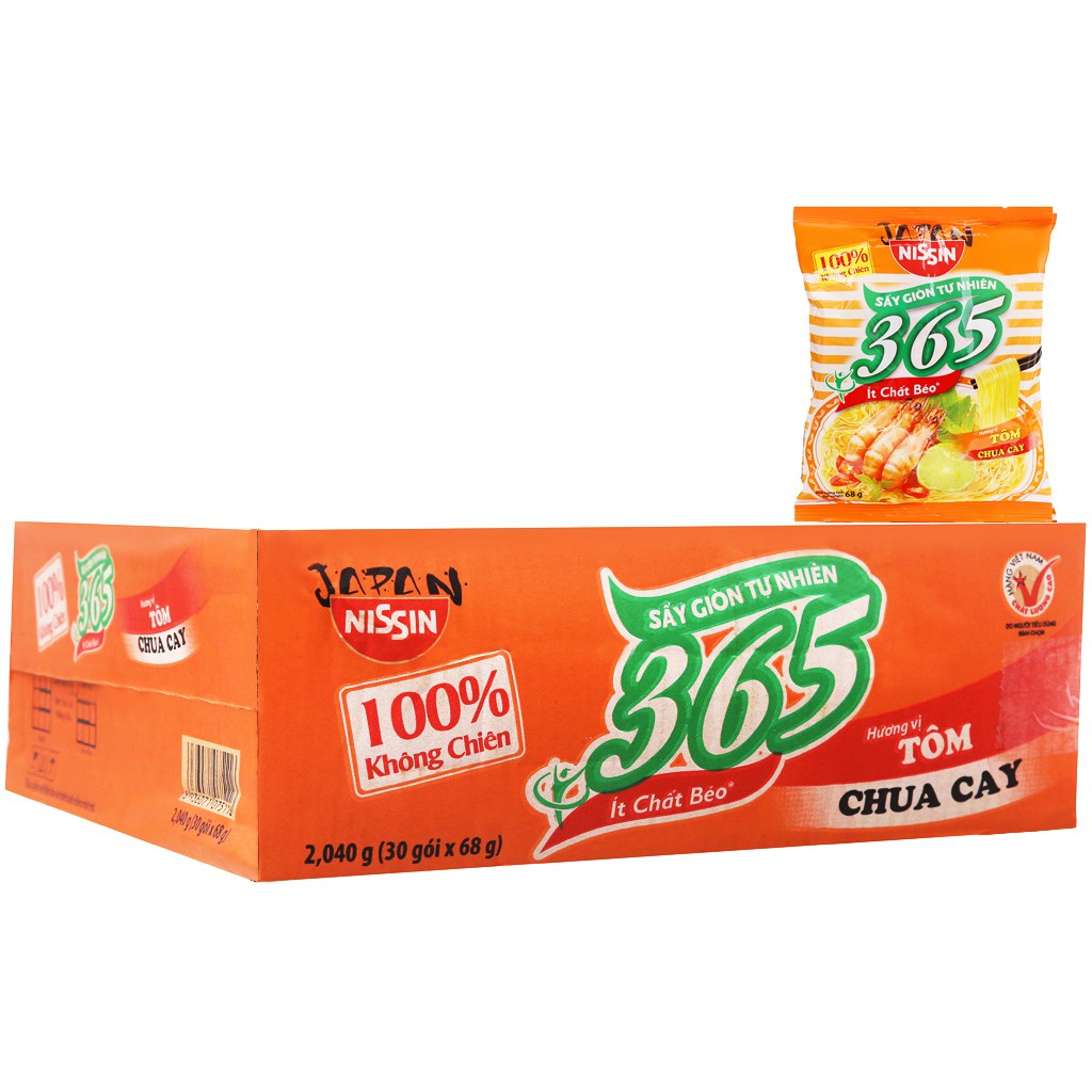 E - Thùng 30 gói mì không chiên Nissin 365 tôm chua cay 68g