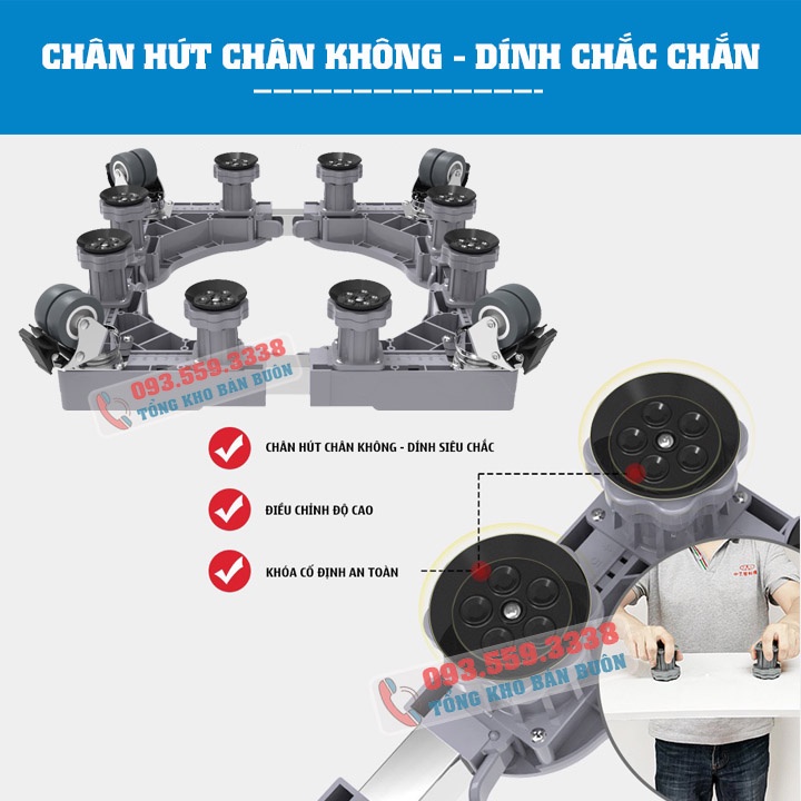 Chân đế Máy Giặt - Tủ lạnh 8 TRỤ 4 BÁNH / Chân Kệ Kê Máy Giặt điều chỉnh kích thước 2 chiều 42-66cm