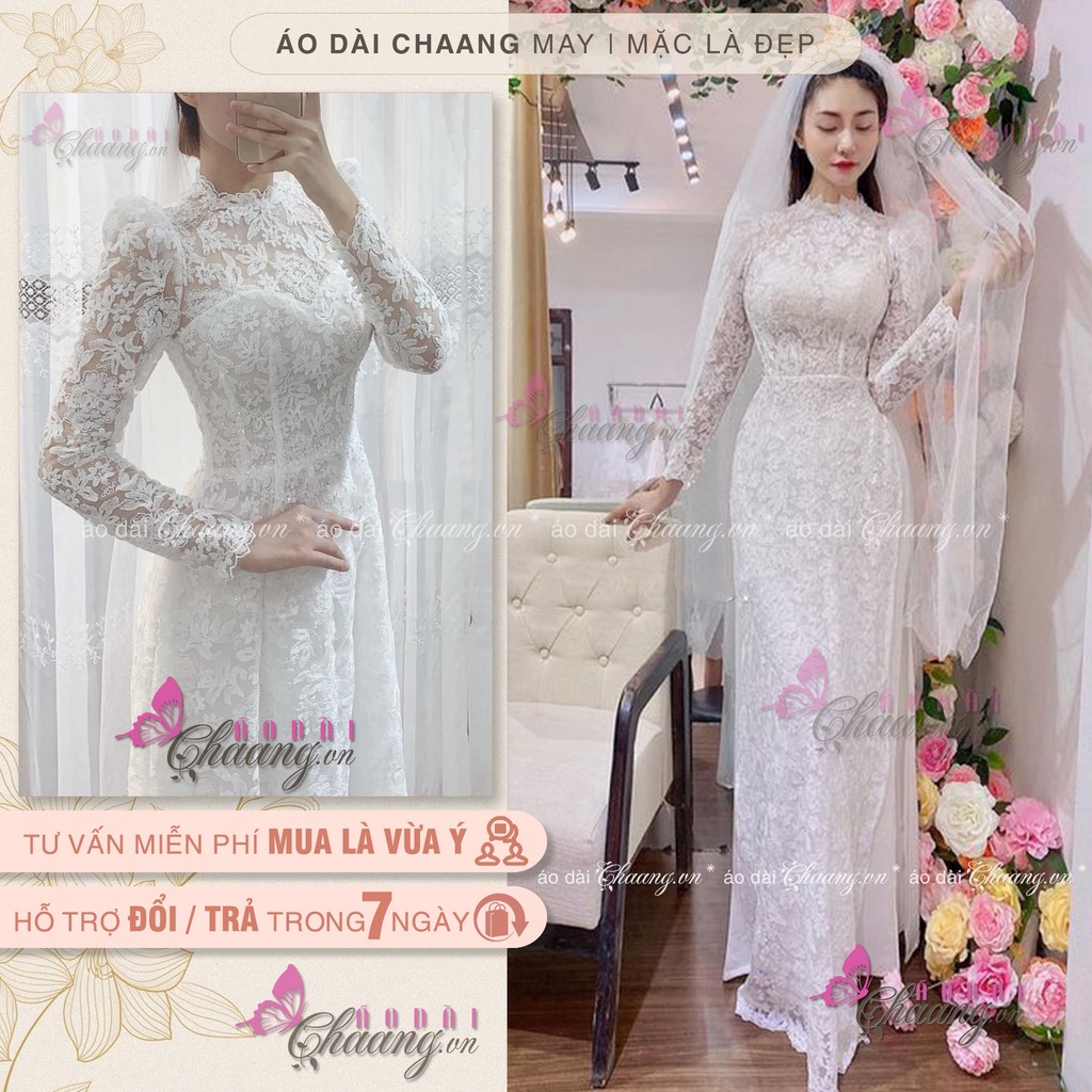 Áo dài cô dâu tay bồng_Chaang_Thiết kế áo dài cưới xinh tay phồng ren đẹp sang trọng