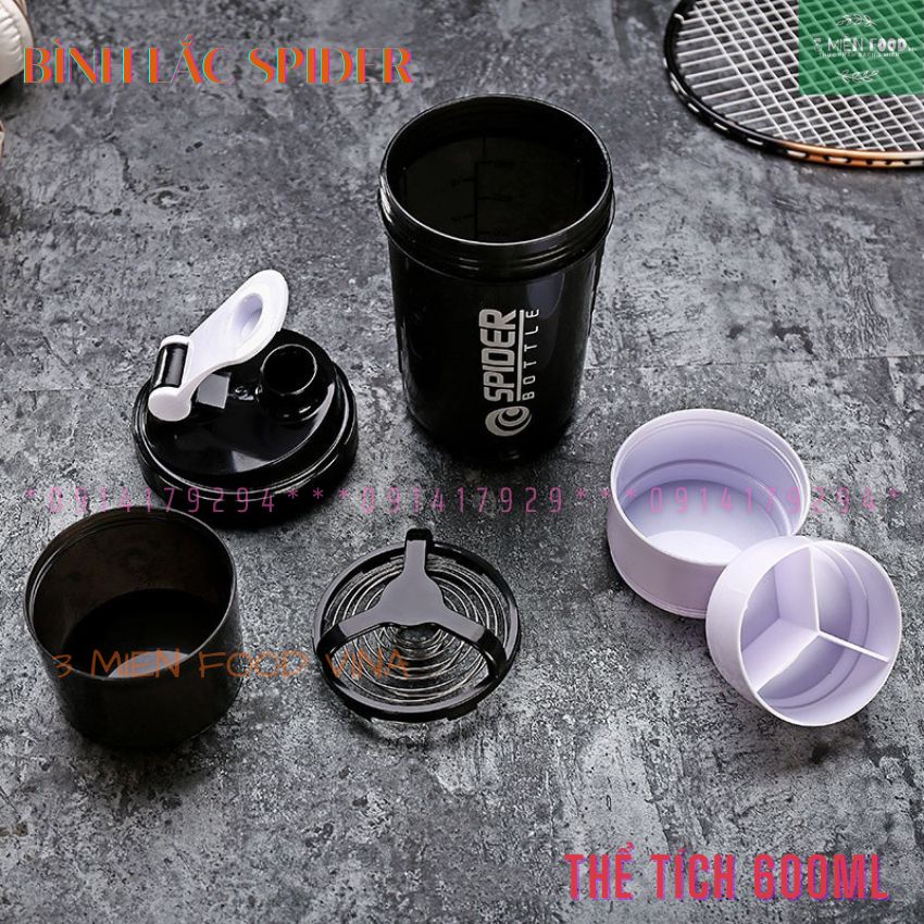 Bình Nước Thể Thao Tập Gym Bình Lắc Whey Spider Đựng Protein có 3 Ngăn Tiện Dụng 600 ML-3 miền food vina