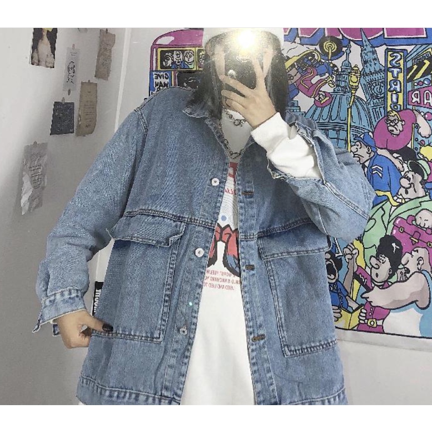 Áo khoác jean unisex, áo bò denim thời trang form rộng túi trước, phong cách Unisex