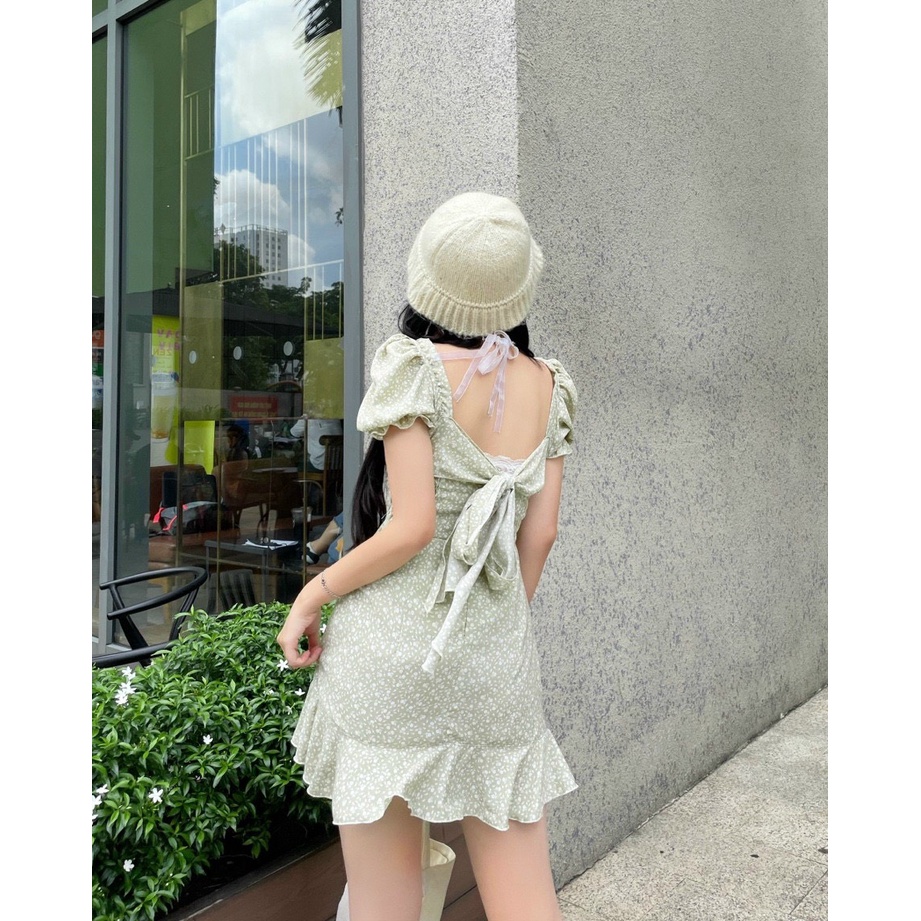 Đầm Hoa Xanh 💖DEMISS💖 Váy Hoa Xanh Nơ Lưng Chân Bèo Đính Nhíu Ngực Nhẹ Nhàng - V-HOA-74