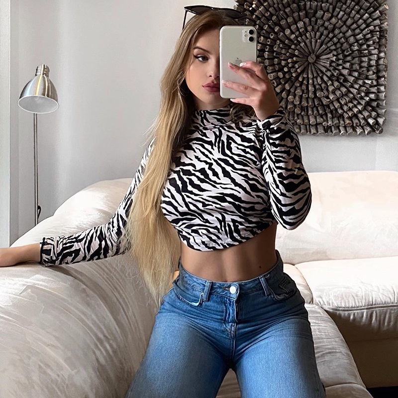 Áo thun croptop TODOBLACK tay dài hở lưng gợi cảm in họa tiết ngựa vằn thời trang đường phố cho nữ