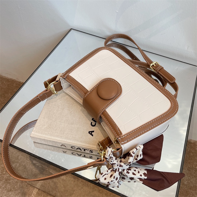 Túi xách đeo chéo IELGY kiểu ghép nối trang trí khăn lụa phong cách retro thời trang cho nữ