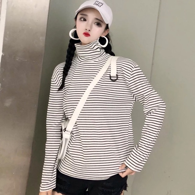 Aó thun Ulzzang áo chic màu đen và trắng sọc cao cổ áo dài tay nữ | BigBuy360 - bigbuy360.vn
