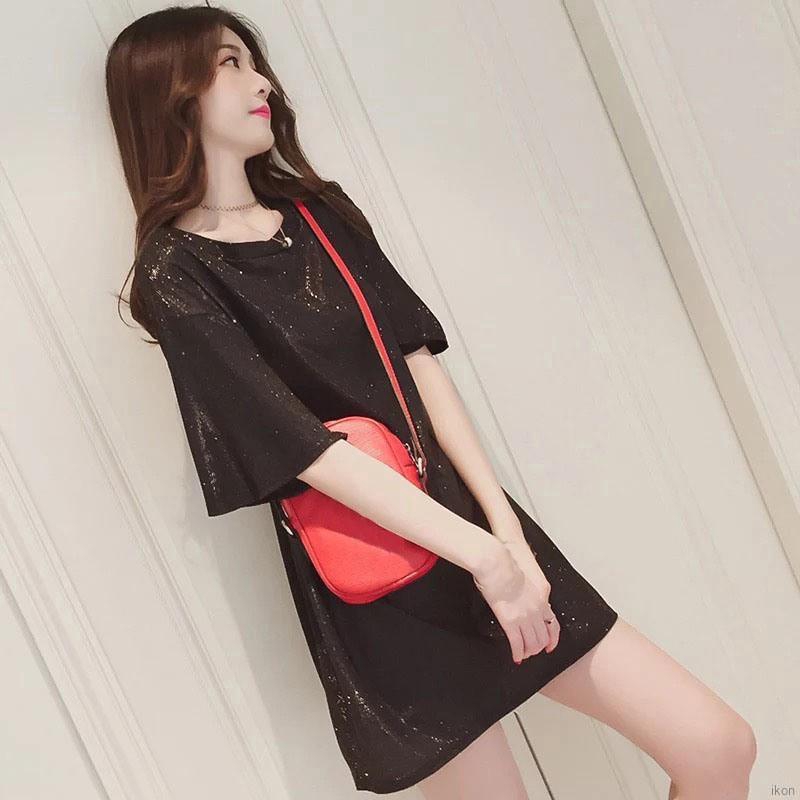 Áo Thun Màu Lấp Lánh Dáng Dài Tay Ngắn Cho Nữ