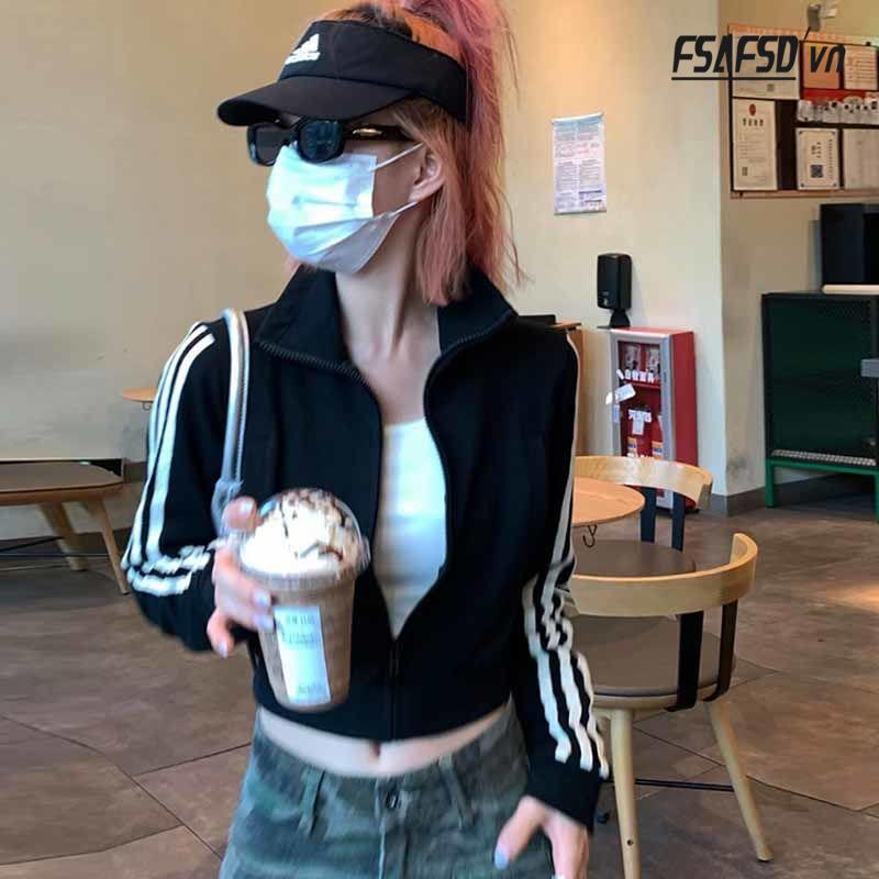 Áo Khoác Thể Thao Tay Dài Có Khóa Kéo Phong Cách Hàn Quốc Thời Trang Cho Nữ