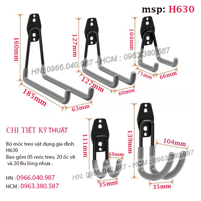 Móc treo xe đạp lên tường | Móc treo dụng cụ làm vườn | Móc treo tường đồ nặng ( sét 1 bộ 5 móc )