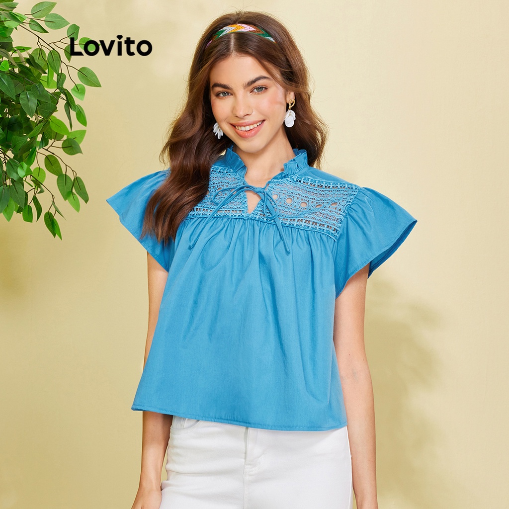 Áo cánh (Lovito Exclusive) FREE NATURE Tay áo diềm trơn tương phản ren lên Bình thường L28EE031 (Xanh lam)