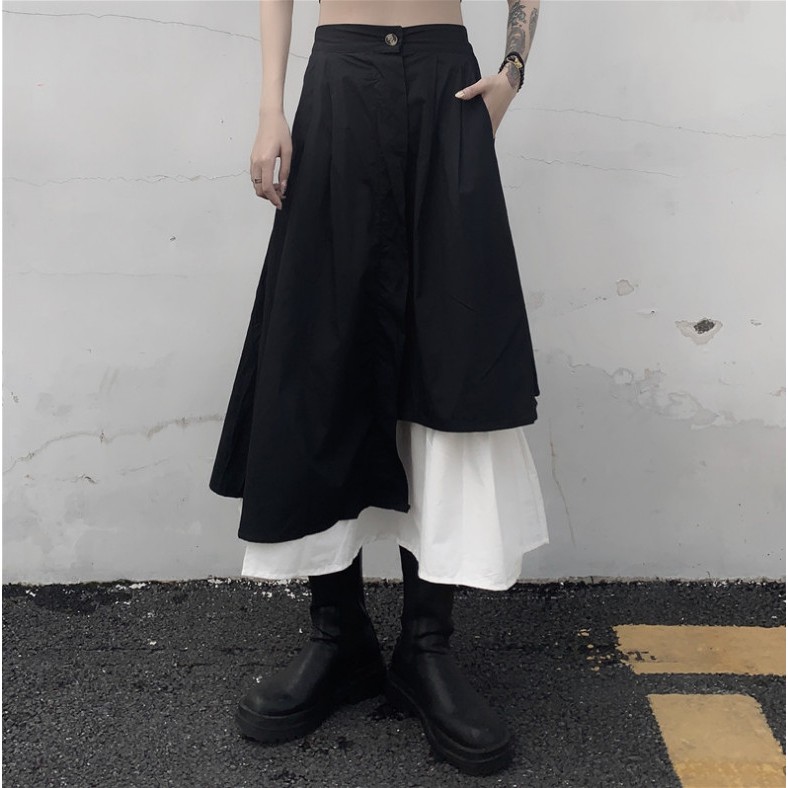Chân váy ulzzang xòe vạt lệch phối đen trắng - Chân váy dài phong cách hàn quốc CV09 | BigBuy360 - bigbuy360.vn