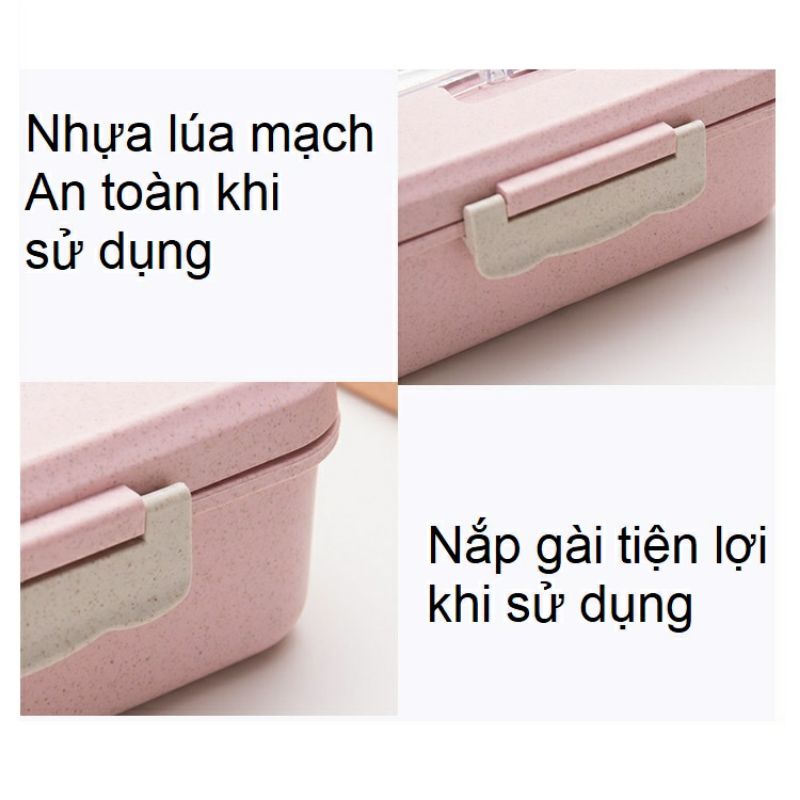 Hộp đựng cơm lúa mạch 3 ngăn, hộp cơm văn phòng tặng kèm thìa và  nĩa