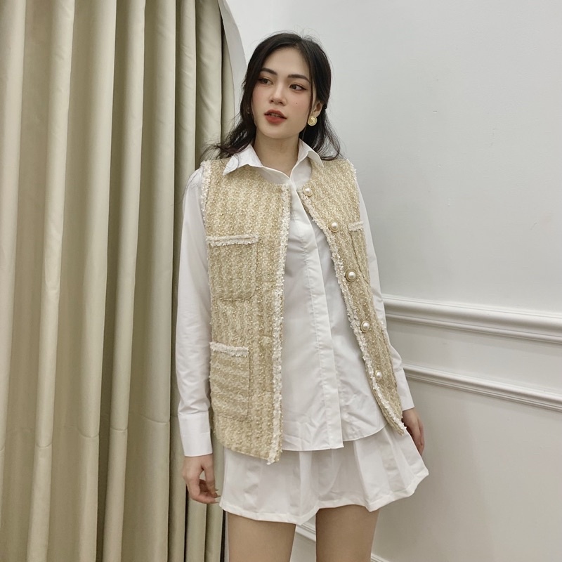 Áo khoác cộc tay cổ tròn dạ tweed - Audrey studio