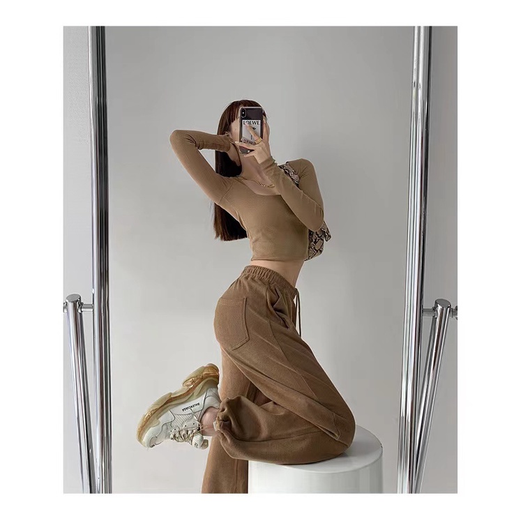 SUXI Quần dài nữ ống suông cạp thun màu trơn thời trang phong cách Hàn Quốc