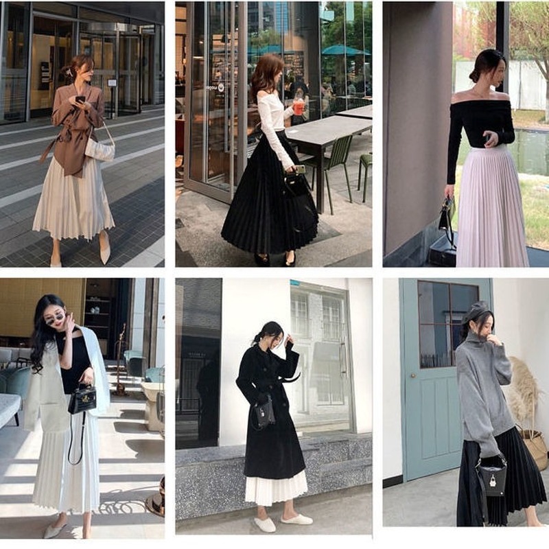 Chân váy xếp ly dài lưng cao phong cách Hàn Quốc đơn giản dễ phối quần áo | BigBuy360 - bigbuy360.vn