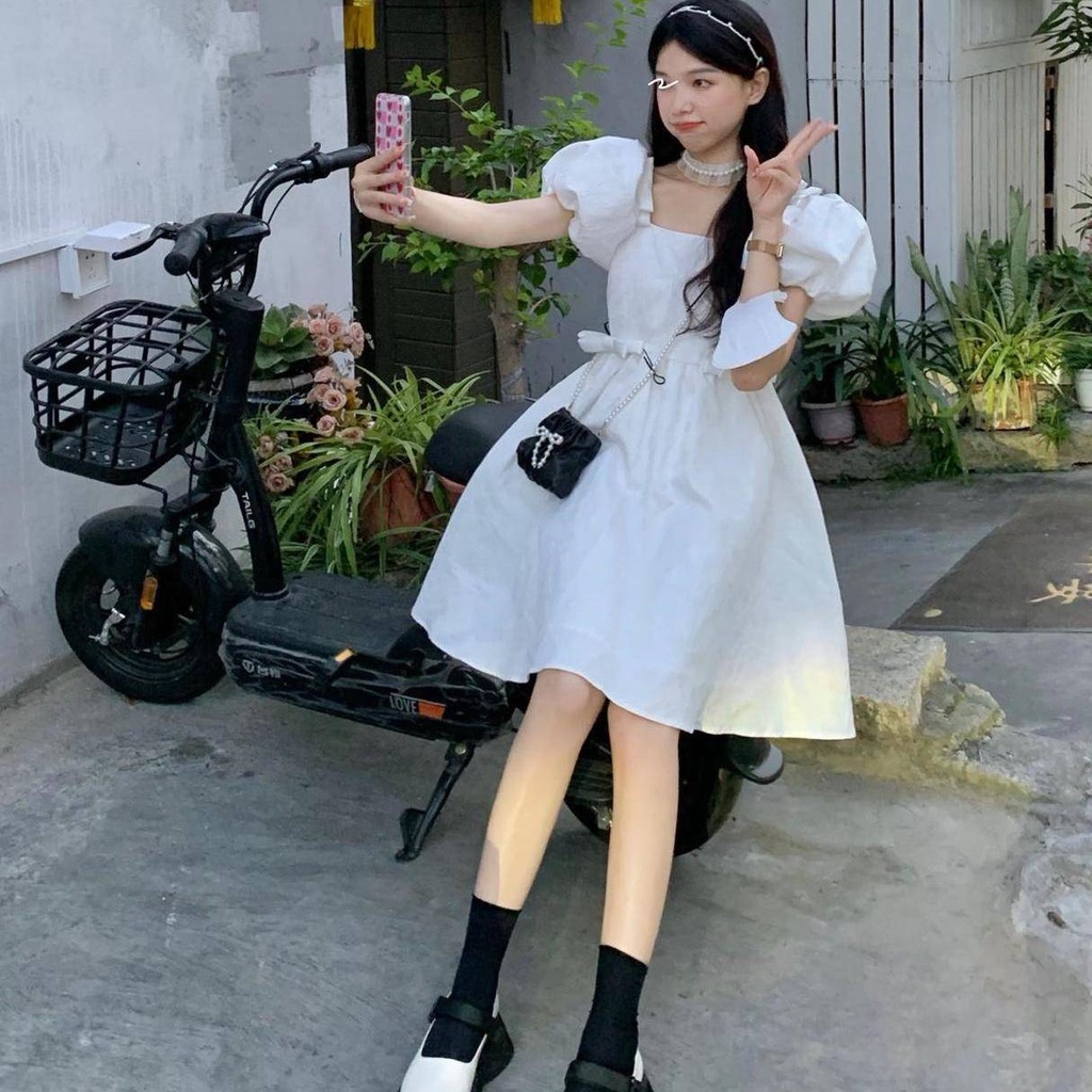 Váy babydoll đầm babydoll Đầm Cổ Vuông Eo Cao Đính Nơ Phong Cách Hàn Quốc Ngọt Ngào Thời Trang Mùa Hè Dành Cho Nữ