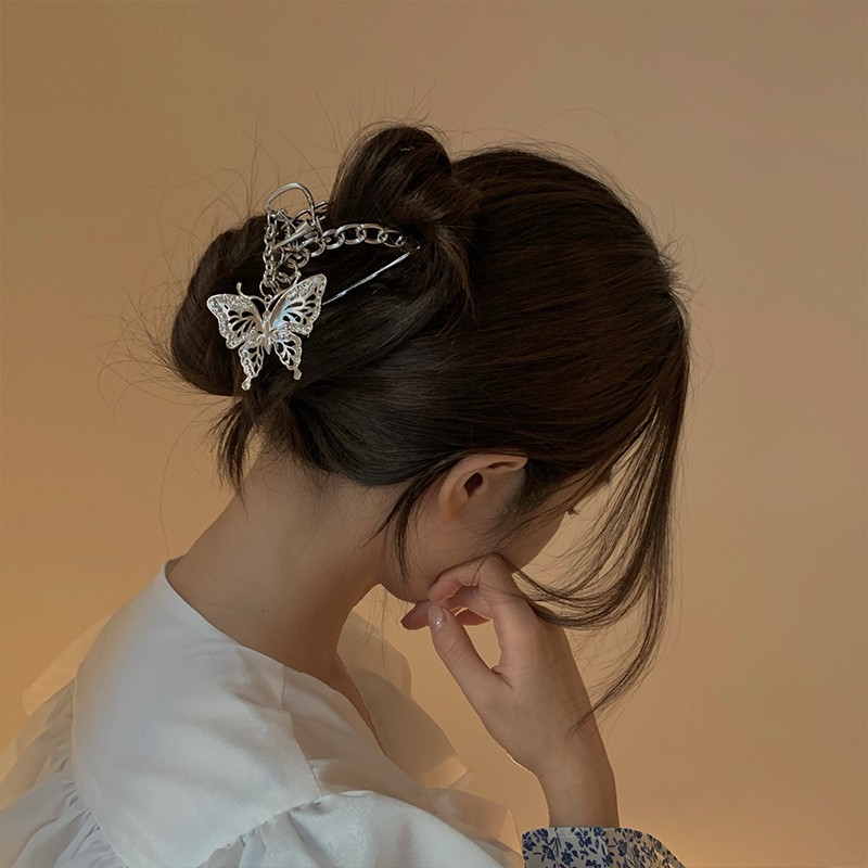 1 Elegance Temperament Women Hair Clip Metal Hollow Hair Claw Butterfly Pendant Kẹp Tóc Thời Trang Vintage