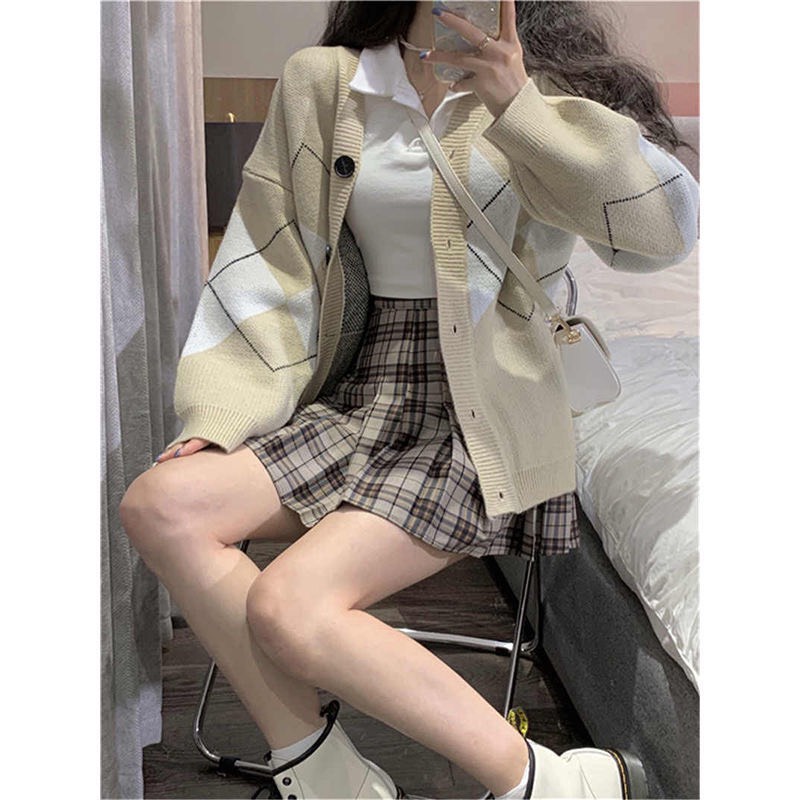 Áo Khoác Cardigan Nút Kẻ Hình Quả Trám Dáng Thời Trang Thu Đông Tay Dài | Smide Clothing