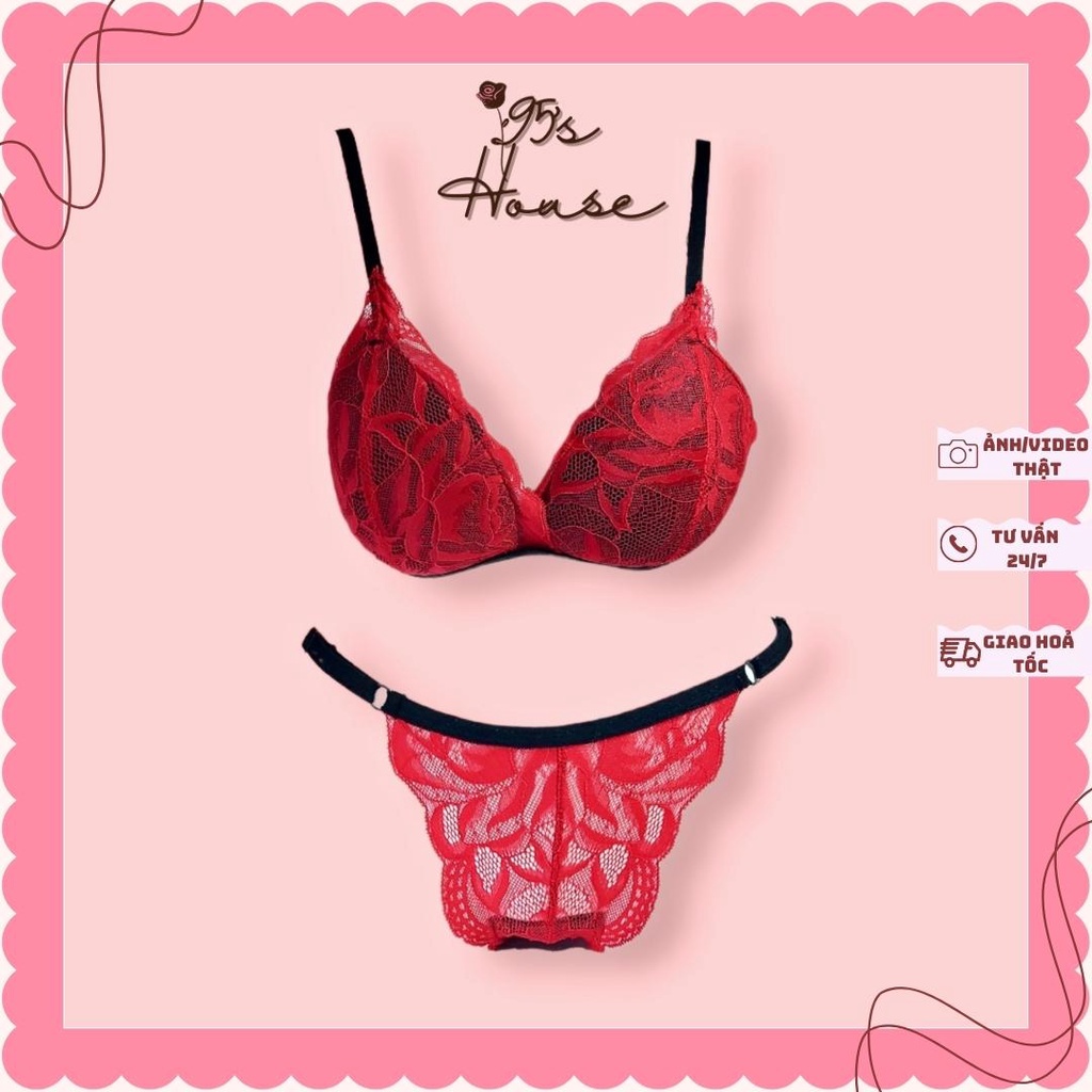 Bộ đồ lót nữ ren, bralette sexy không gọng mút mỏng đỏ (form lớn)SB01 [95's House]