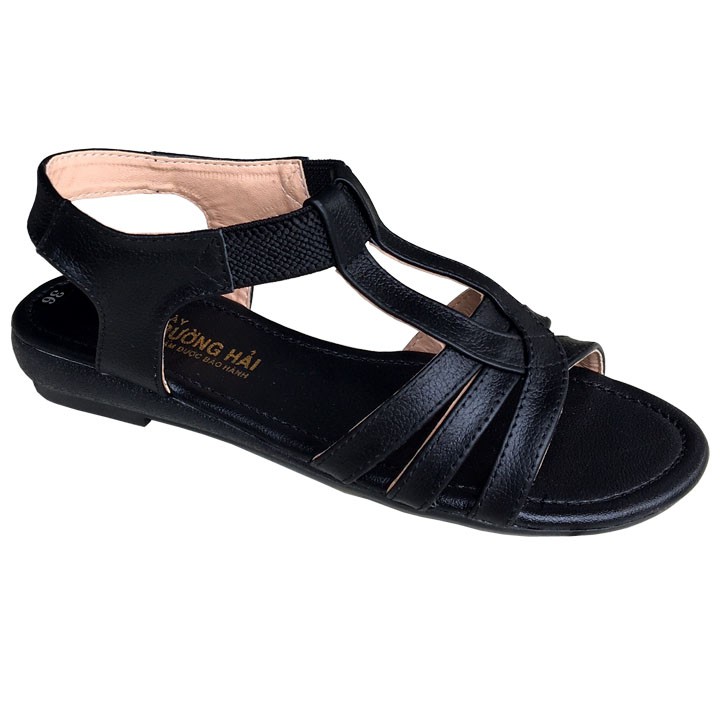 Dép quai hậu nữ đế bằng Trường Hải da bò thật màu đen đế cao 2.5cm SDN746