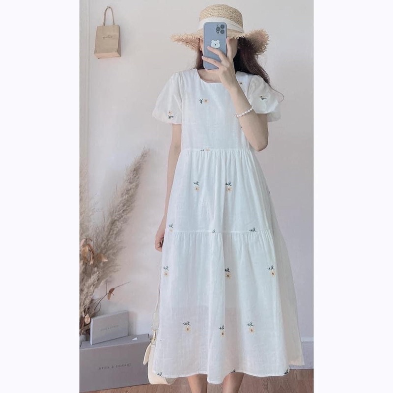 Đầm babydoll hoa cúc vàng tay phồng dáng rộng - Ảnh thật/ sẵn
