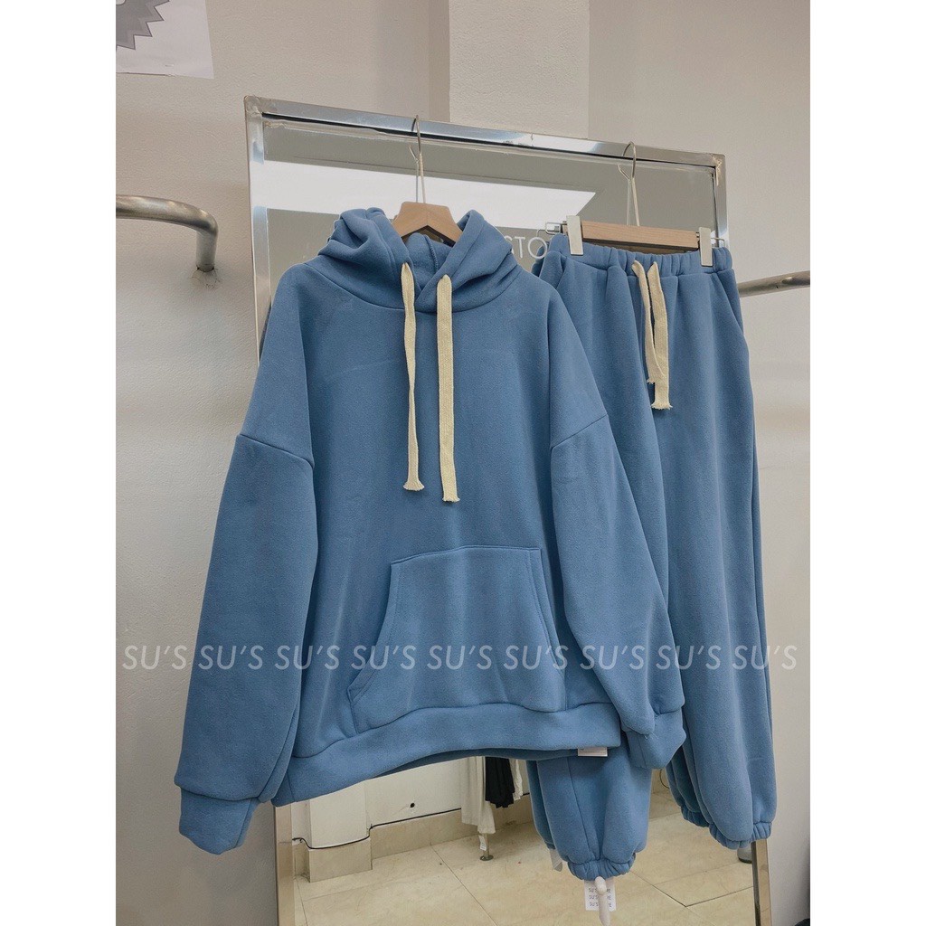 Set Hoodie trơn dài tay bồng nhiều màu nam nữ ♥ Bộ quần áo nỉ chui đầu dày dặn mùa đông phong cách unisex ♥ | BigBuy360 - bigbuy360.vn
