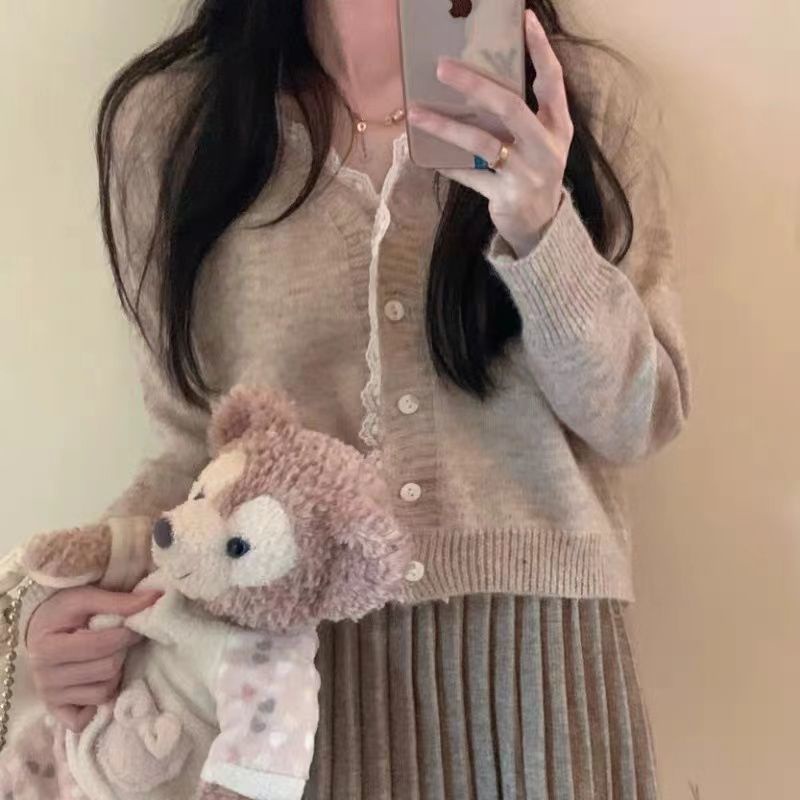 Áo Khoác Cardigan Dệt Kim Dáng Ngắn Form Rộng Phối Ren Thời Trang Cho Nữ