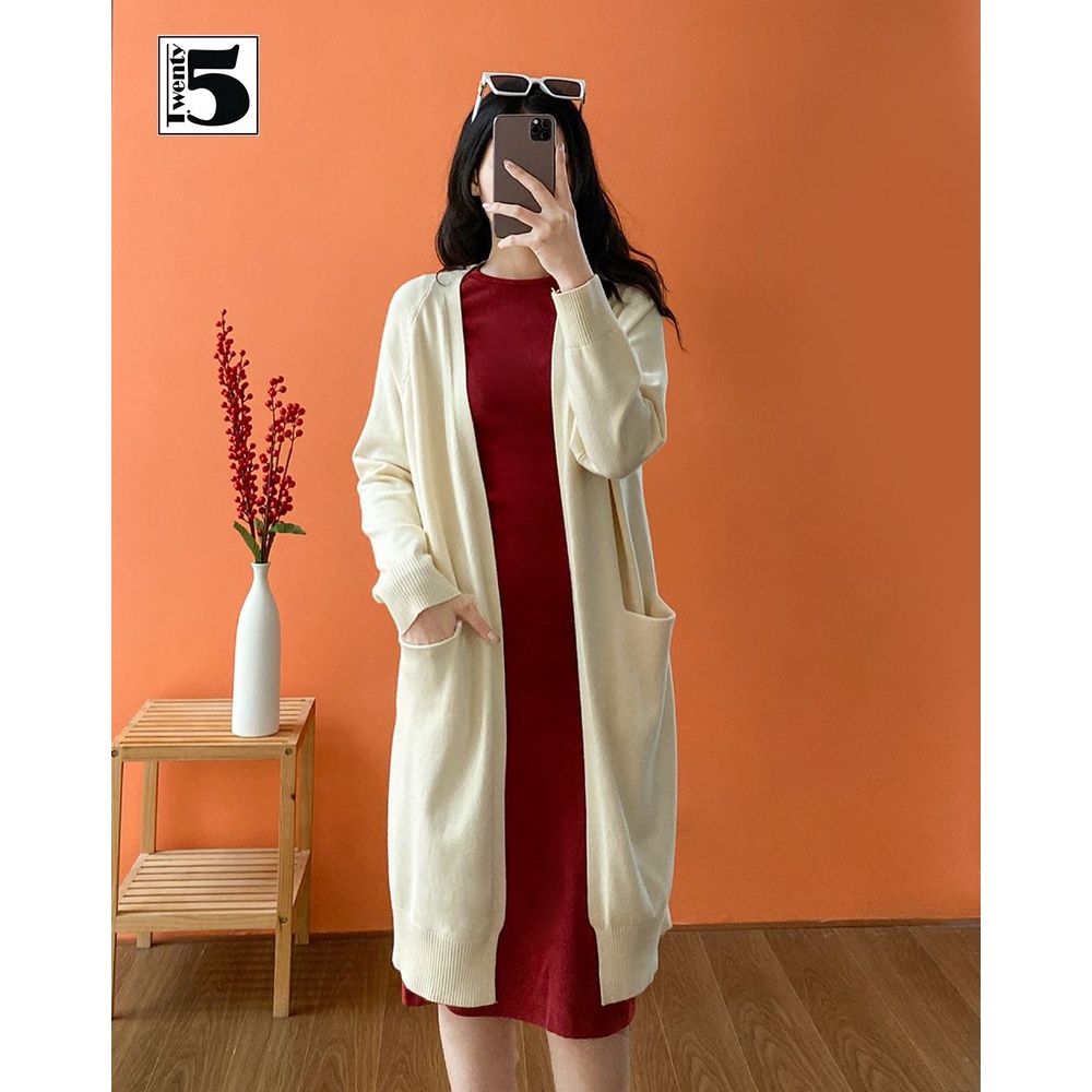 Áo len cardigan nữ dáng dài túi ốp không cúc Twentyfive 4002