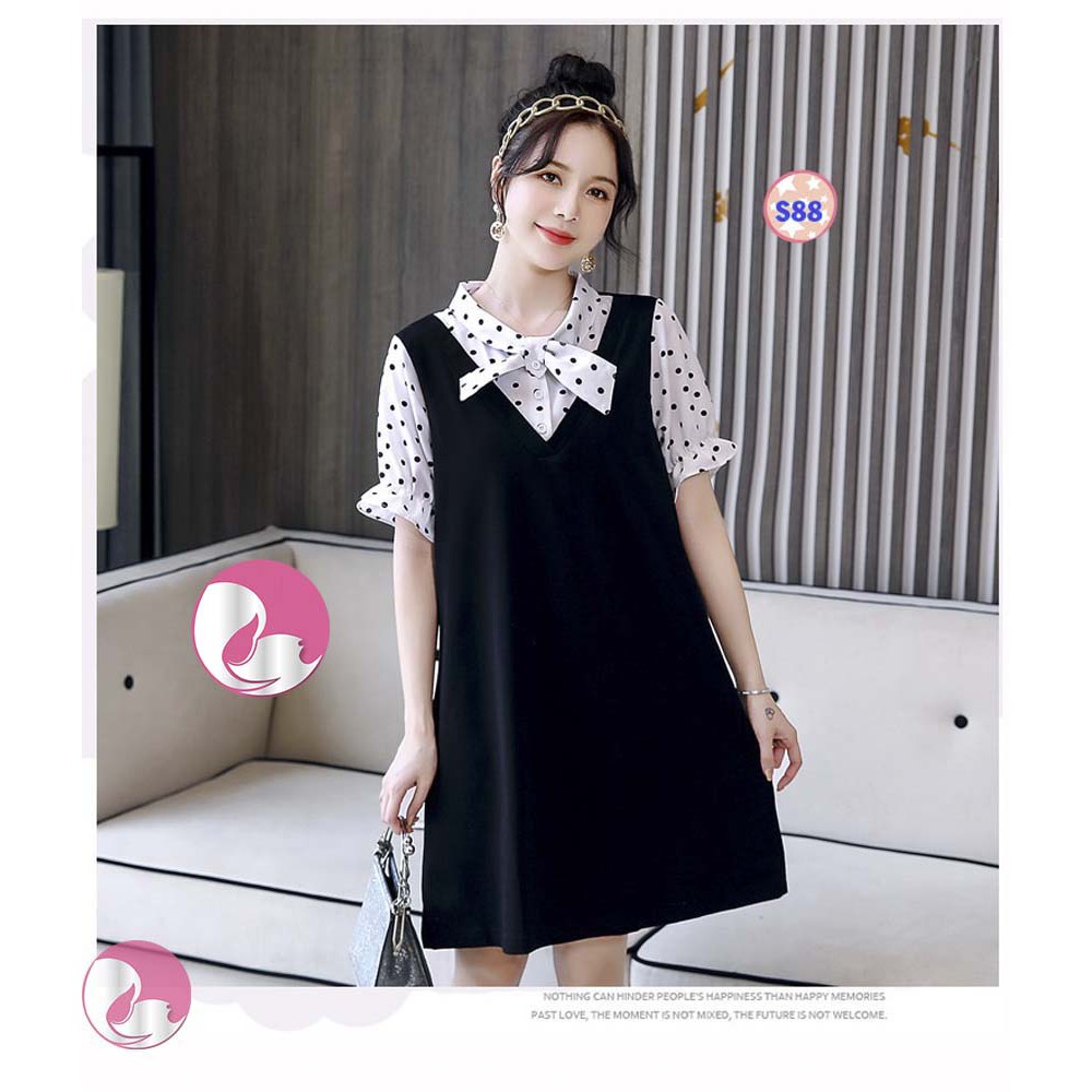 Đầm Bầu Mùa Hè Công Sở,100% Cotton, Tay Bồng, Váy kèm Cổ Sơ Mi Chấm Bi S88