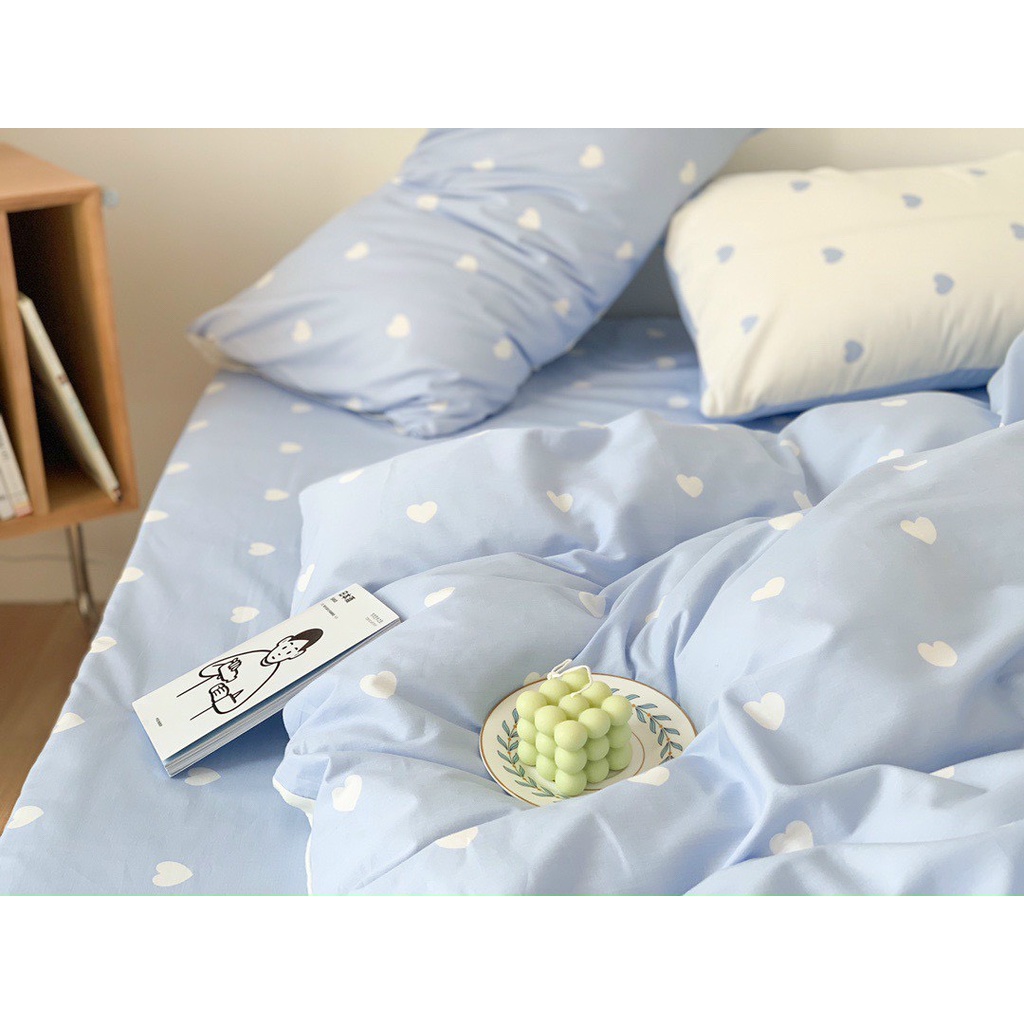 Bộ chăn ga gối cotton poly dùng 2 mặt Lidaco decor phòng ngủ vintage - Tim xanh trắng (SP001452)