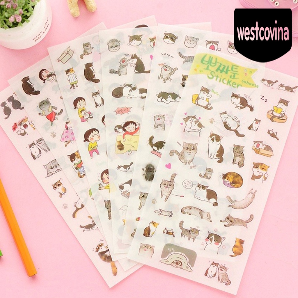 Phương Tây✎Set 6 Tấm Hình Dán Mèo Trong Suốt Trang Trí Nhật Ký