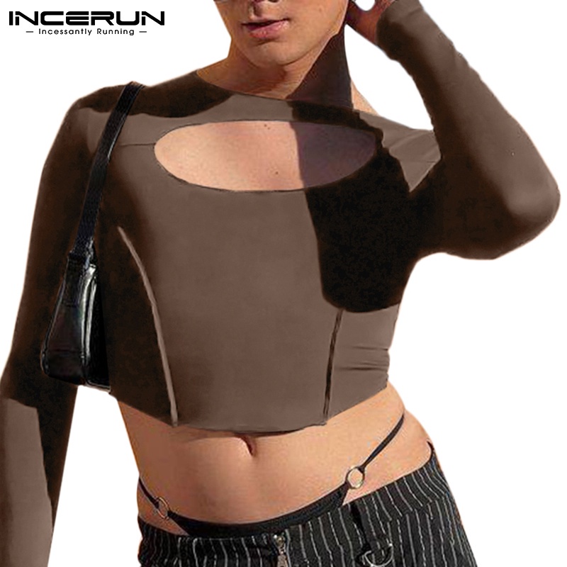 Áo thun INCERUN dáng ngắn co giãn khoét lỗ tay dài màu trơn đi chơi dành cho nam